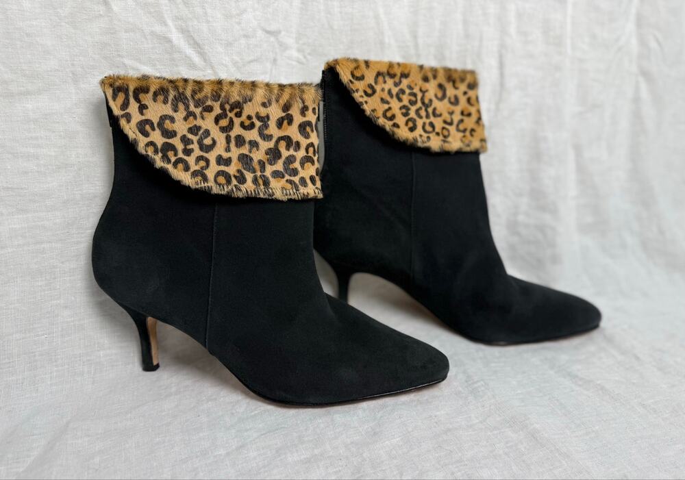 Vintage Dezario Black Suede Leopard Print Calf Hair Fold Over Cuff Booties
10